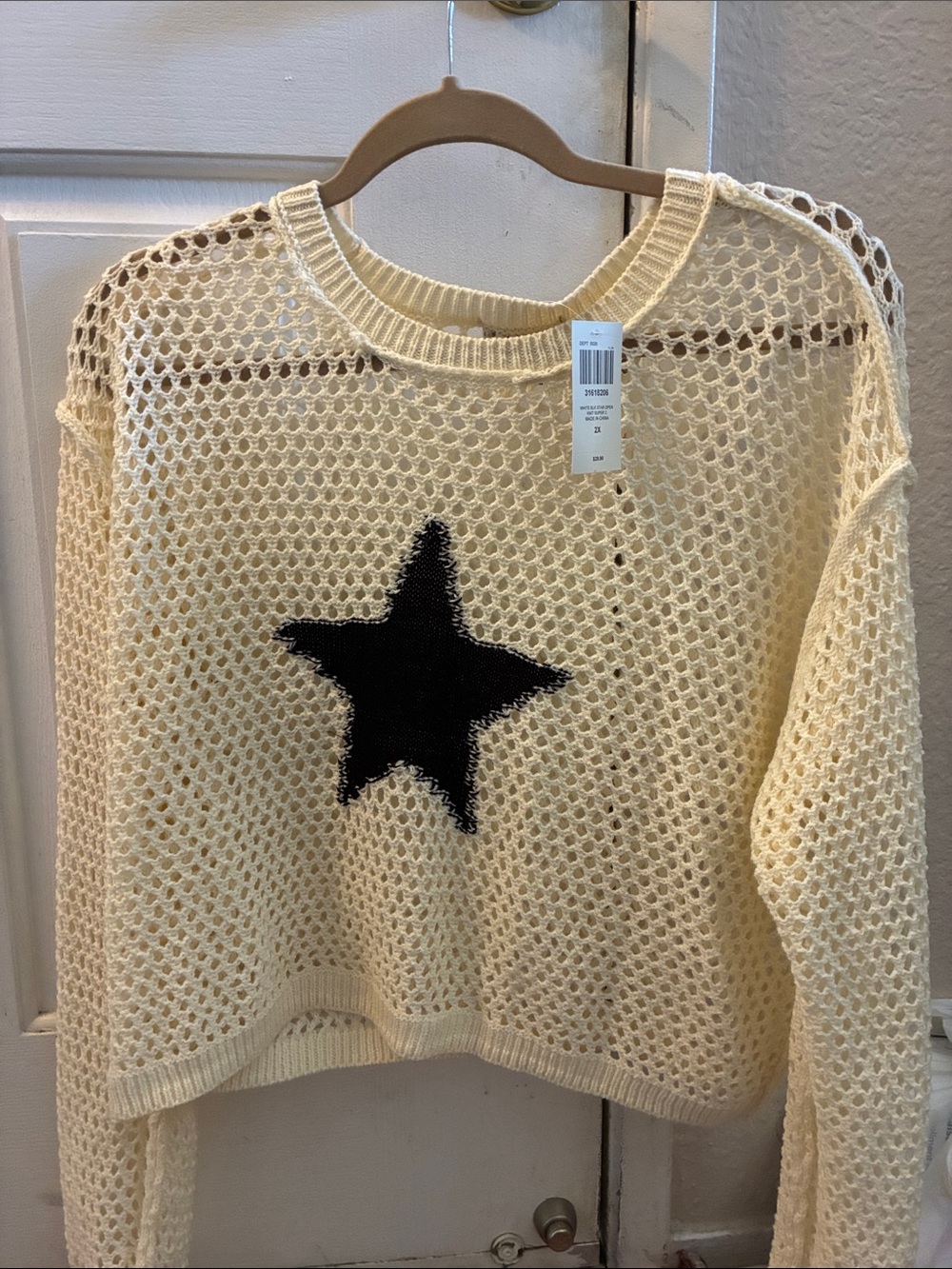 Cream Open-Knit Star Sweater - Black Star Accent